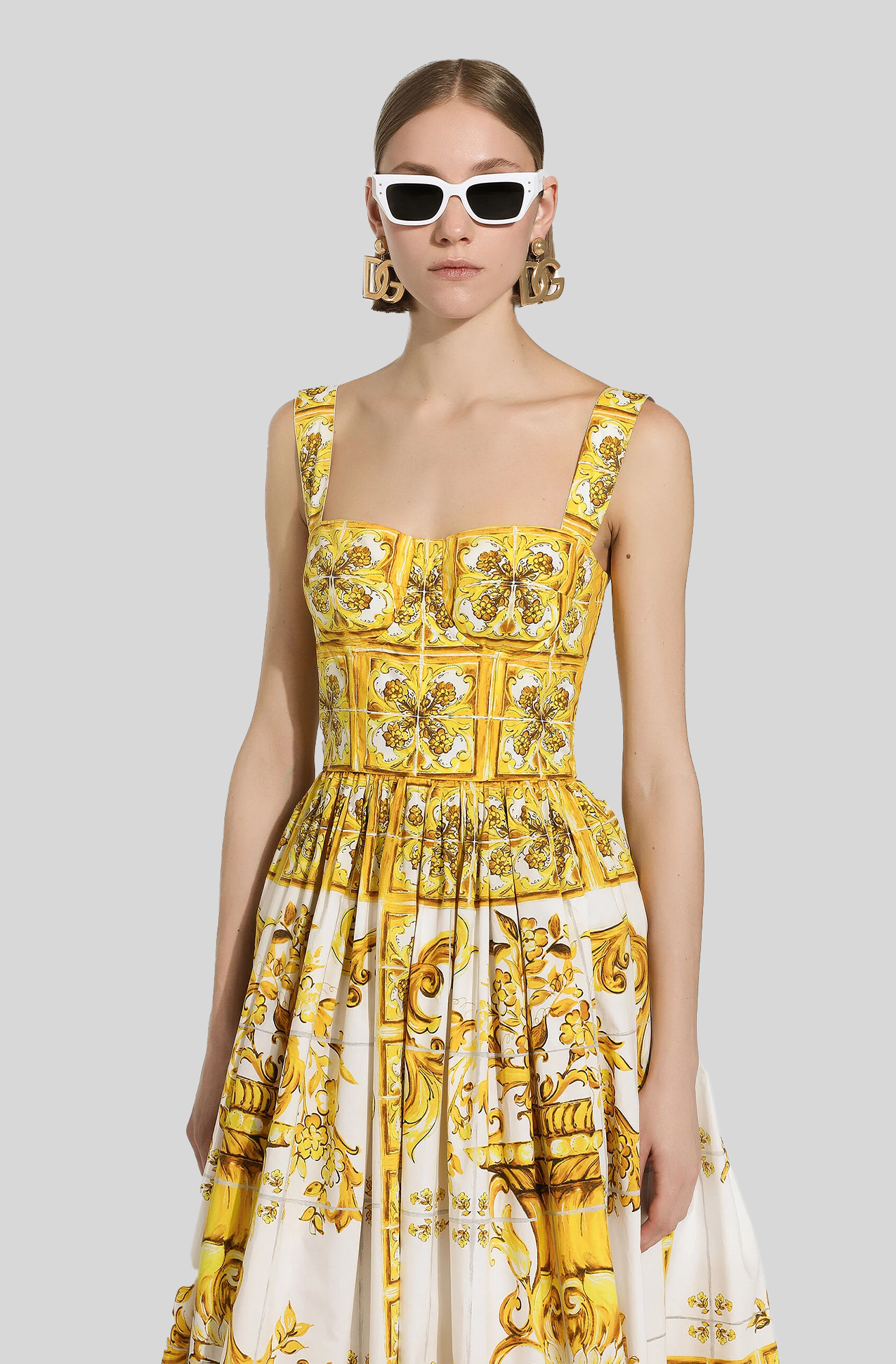 MIDI CORSET DRESS IN COTTON POPLIN WITH MAJOLICA PRINT