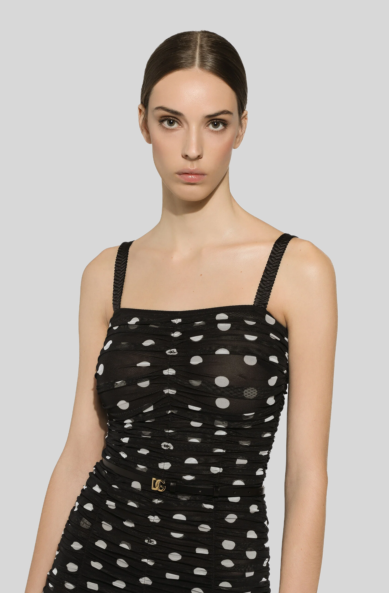 TULLE CALF-LENGTH SHEATH DRESS IN POLKA-DOT PRINT