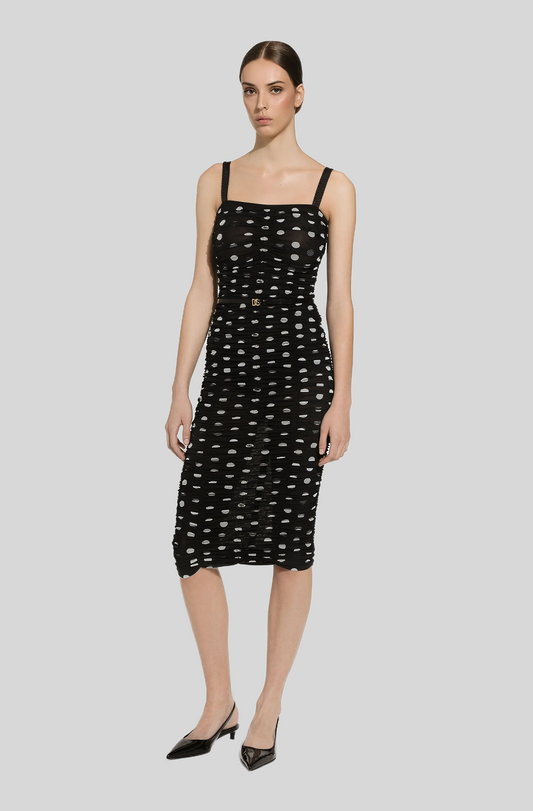 TULLE CALF-LENGTH SHEATH DRESS IN POLKA-DOT PRINT