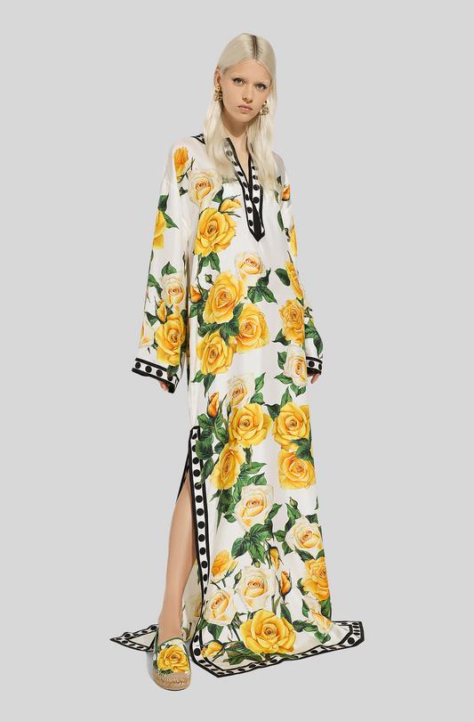 SILK CAFTAN WITH KIMONO SLEEVES AND YELLOW ROSE PRINT