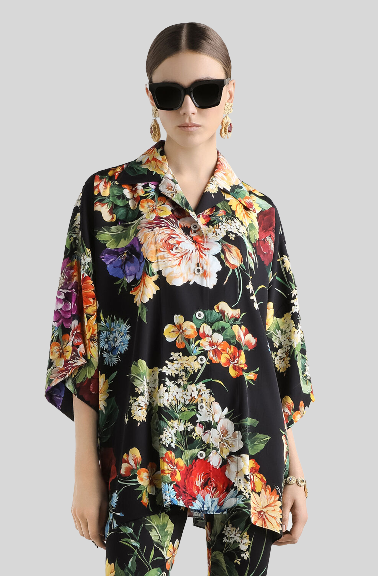 FLOWER BOUQUET-PRINT CHARMEUSE SHIRT