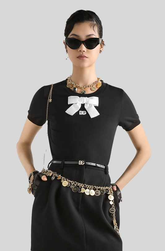 JERSEY T SHIRT WITH EMBROIDERY AND BOW