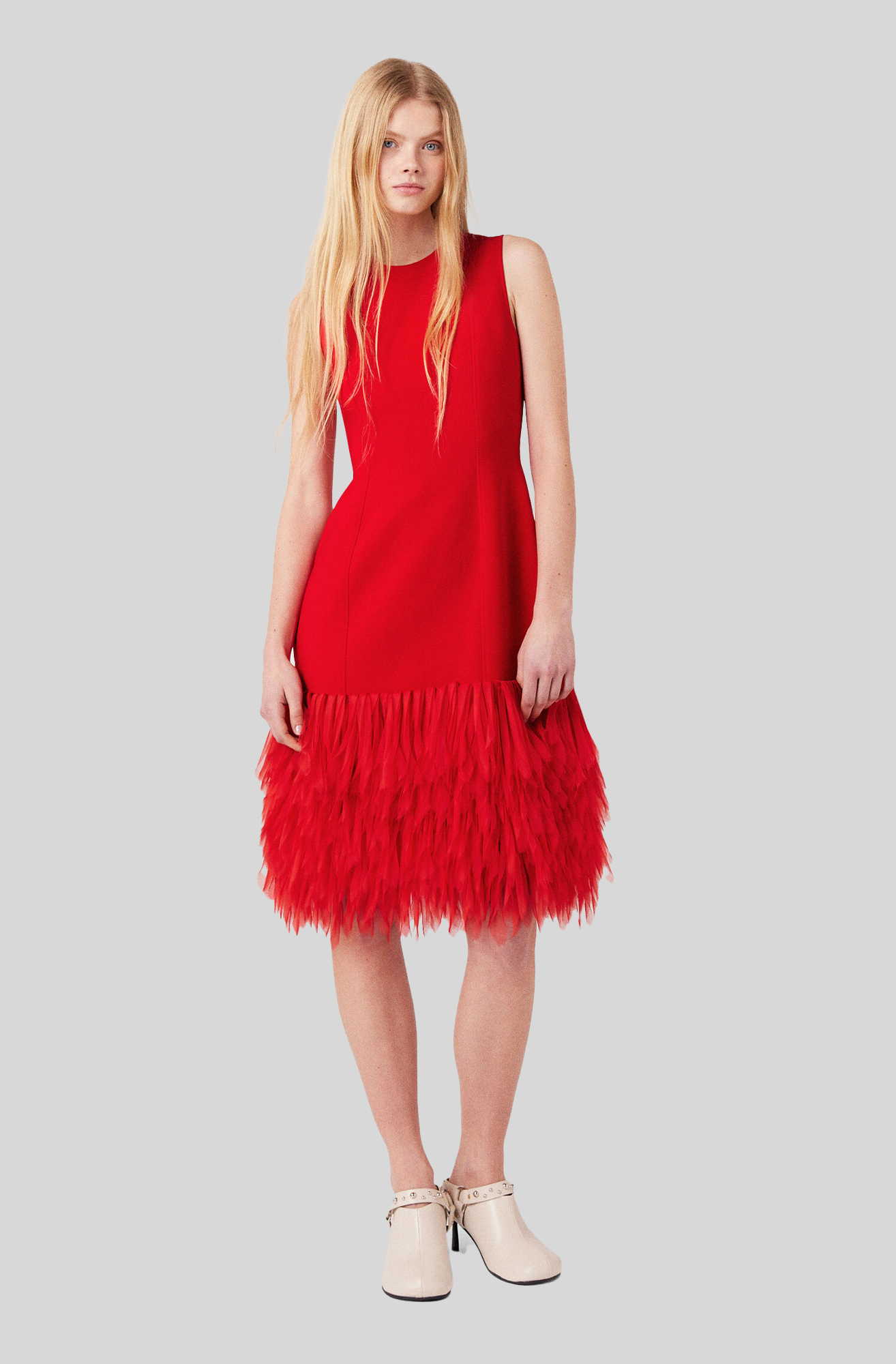 SLEEVELESS FEATHER MIDI DRESS