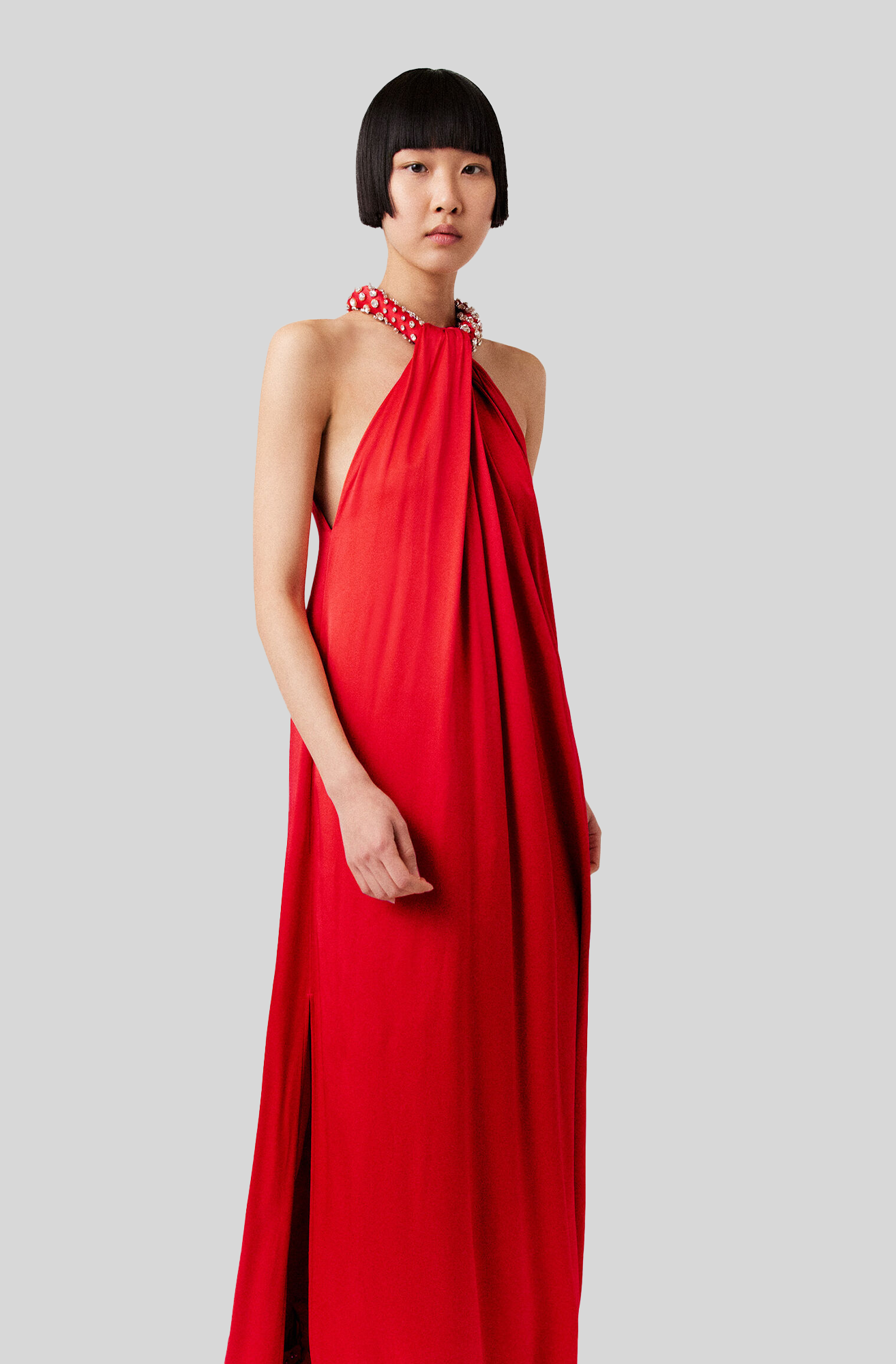 CRYSTAL HALTERNECK SATIN MAXI DRESS