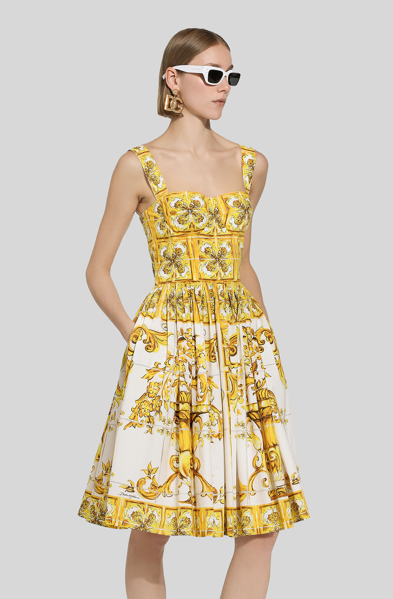 MIDI CORSET DRESS IN COTTON POPLIN WITH MAJOLICA PRINT