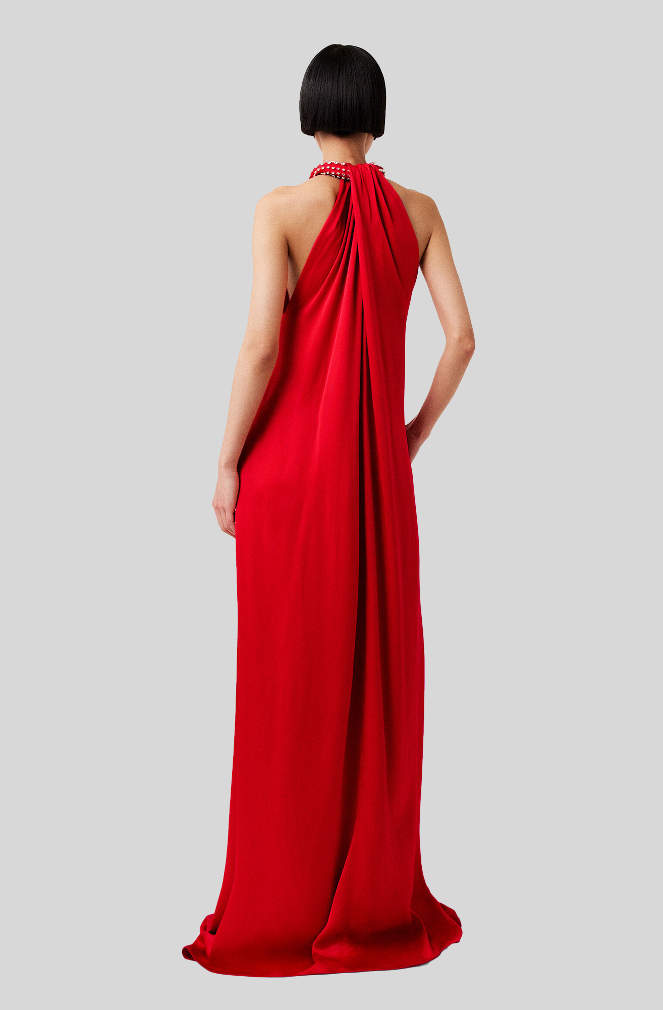 CRYSTAL HALTERNECK SATIN MAXI DRESS