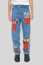 Load image into Gallery viewer, ALL OVER FLOWER POTS DENIM JEANS
