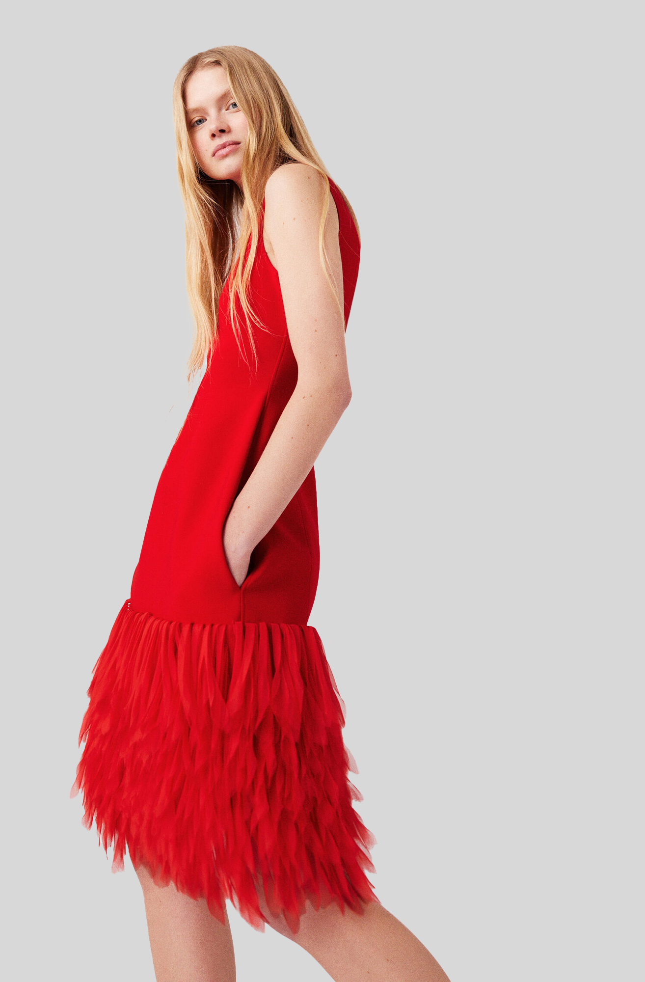 SLEEVELESS FEATHER MIDI DRESS