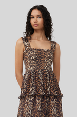 Load image into Gallery viewer, LEOPARD PLEATED GEORGETTE FLOUNCE SMOCK MIDI DRESS
