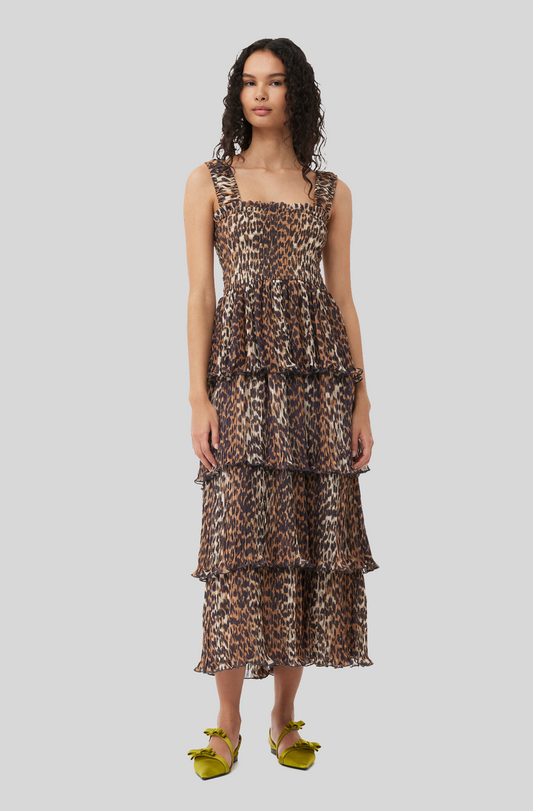 LEOPARD PLEATED GEORGETTE FLOUNCE SMOCK MIDI DRESS