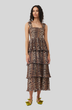 Load image into Gallery viewer, LEOPARD PLEATED GEORGETTE FLOUNCE SMOCK MIDI DRESS
