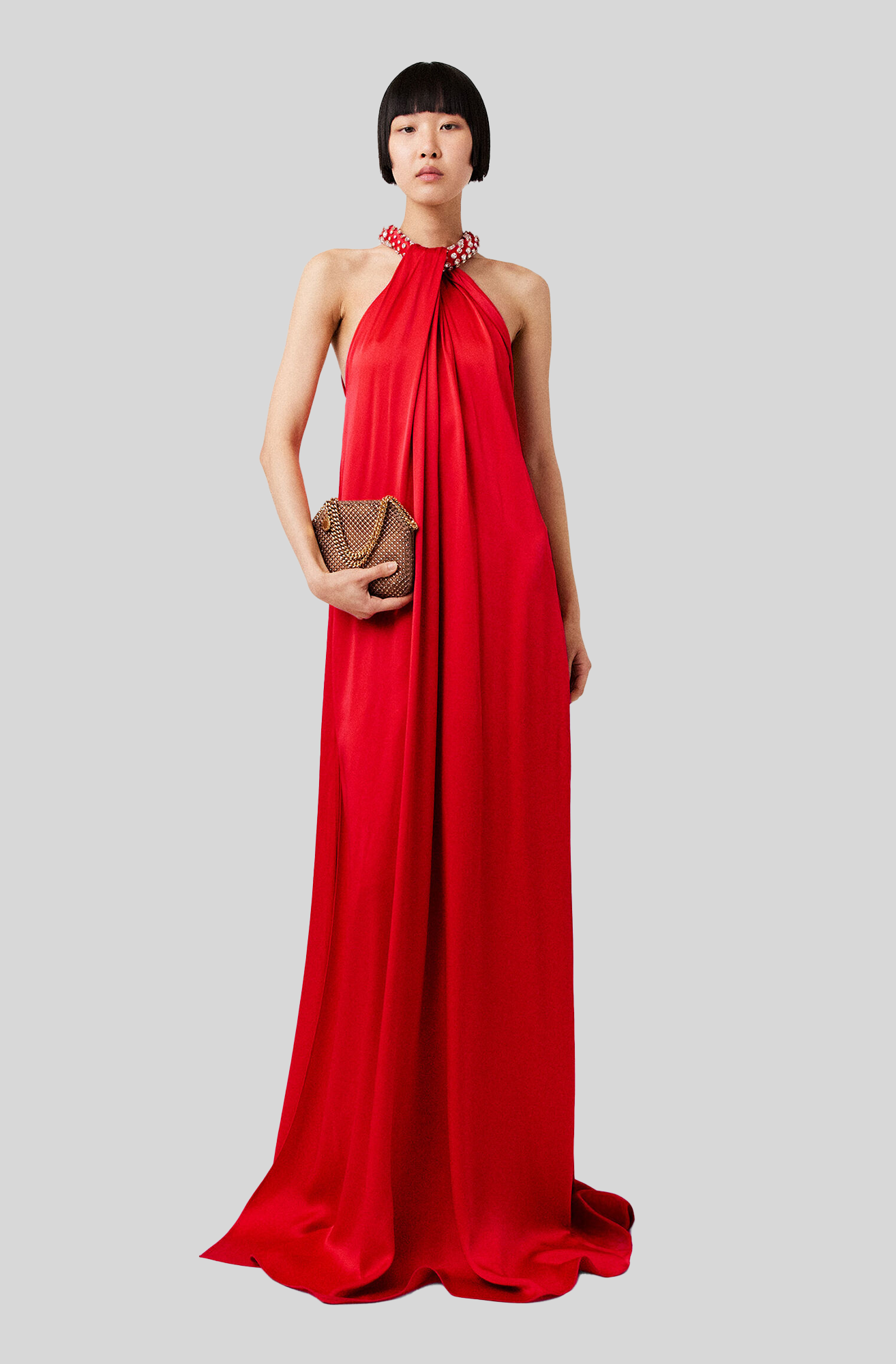 CRYSTAL HALTERNECK SATIN MAXI DRESS