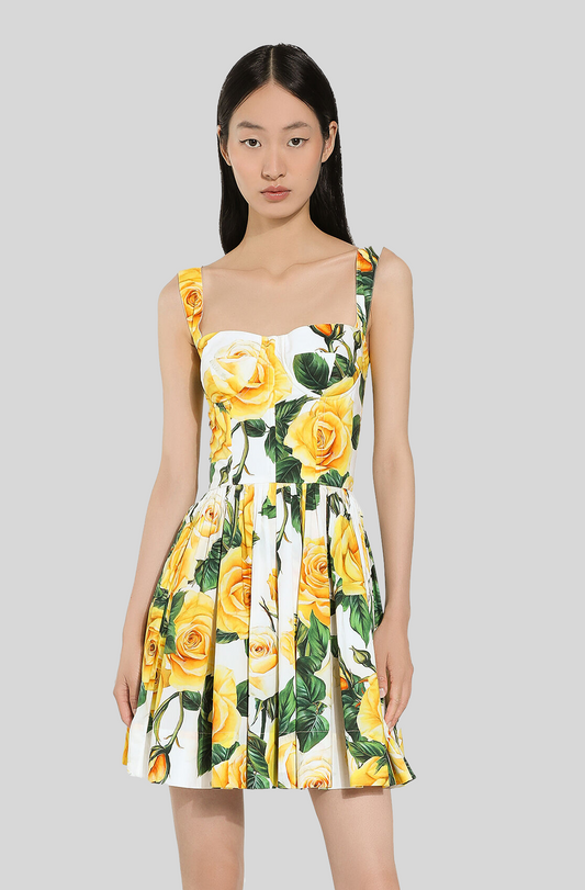 SHORT COTTON CORSET DRESS WITH YELLOW ROSE PRINT