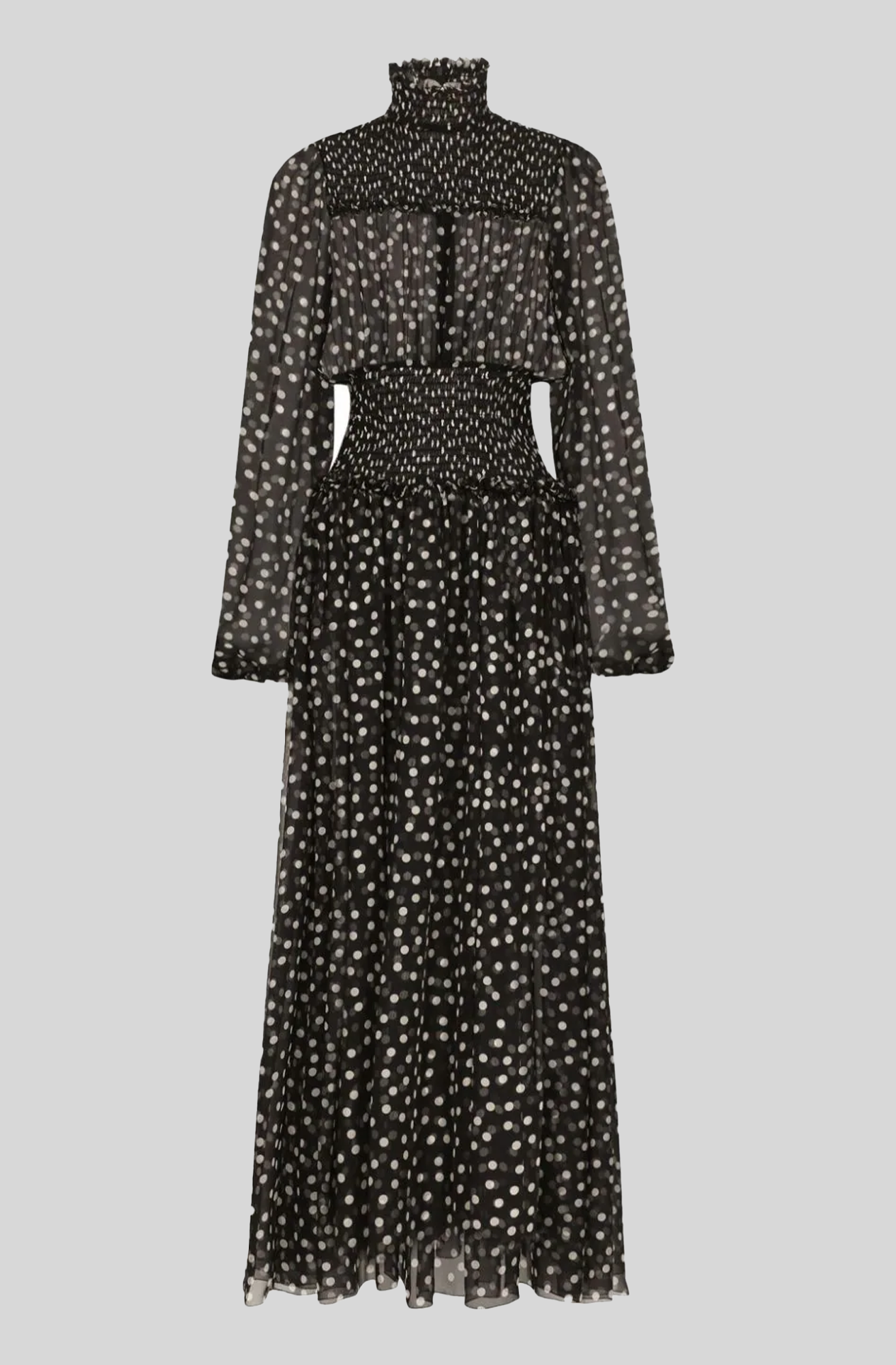 CHIFFON MIDI DRESS WITH SMOCK STITCHING AND MICRO-POLKA DOT PRINT