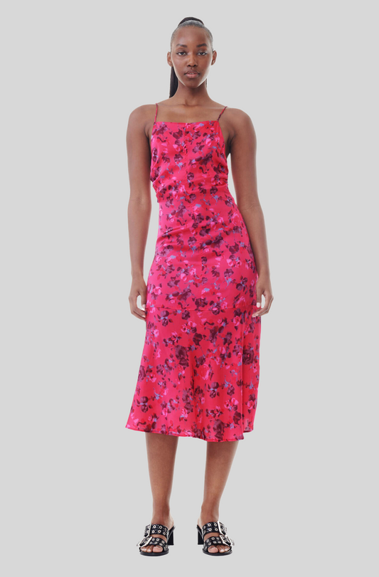 FLORAL PRINTED SATIN MIDI DRESS