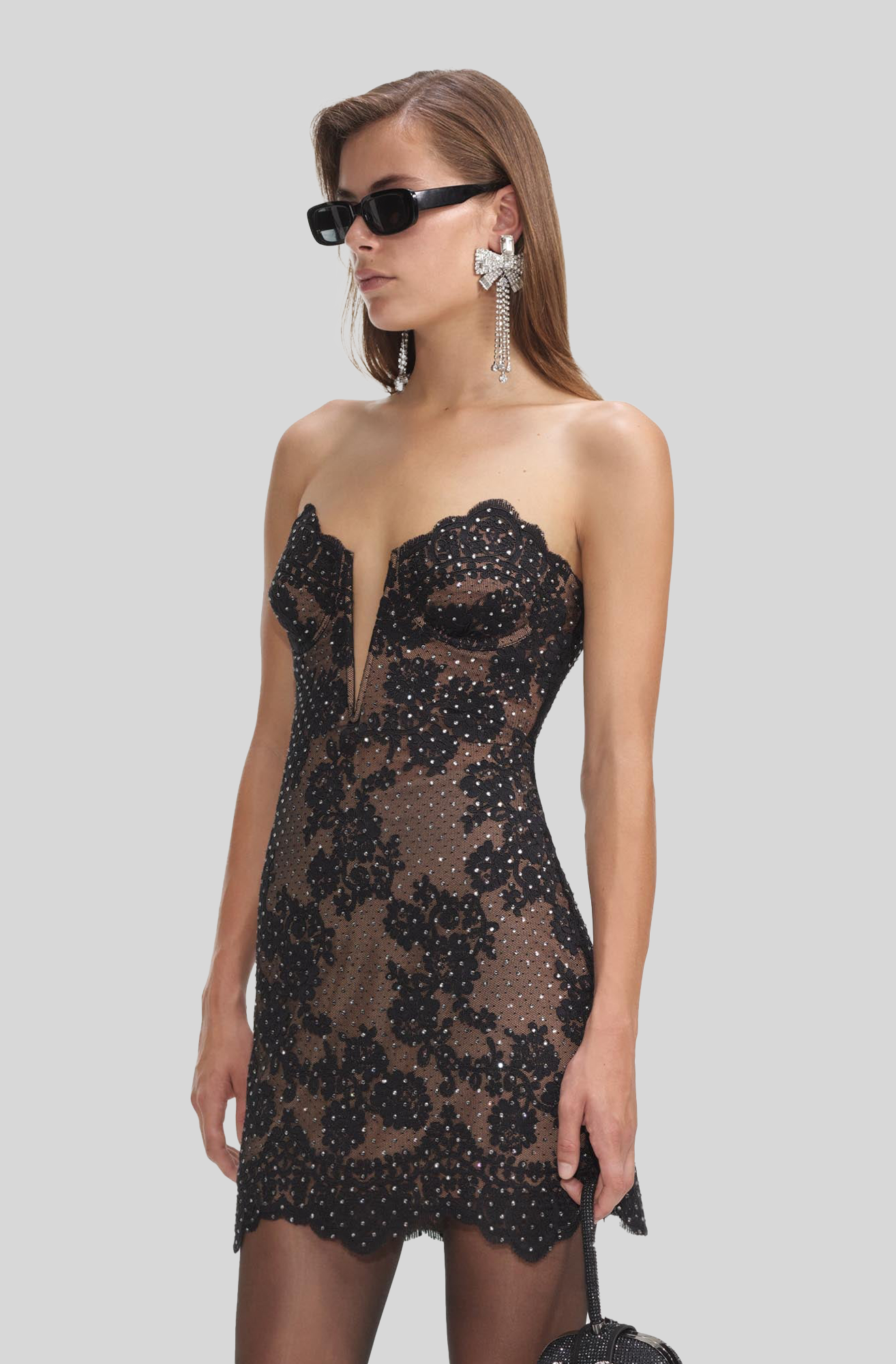 RHINESTONE LACE BANDEAU MINI DRESS