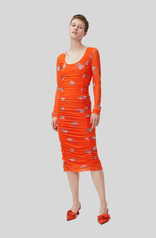 ORANGE RUCHED MESH MIDI DRESS