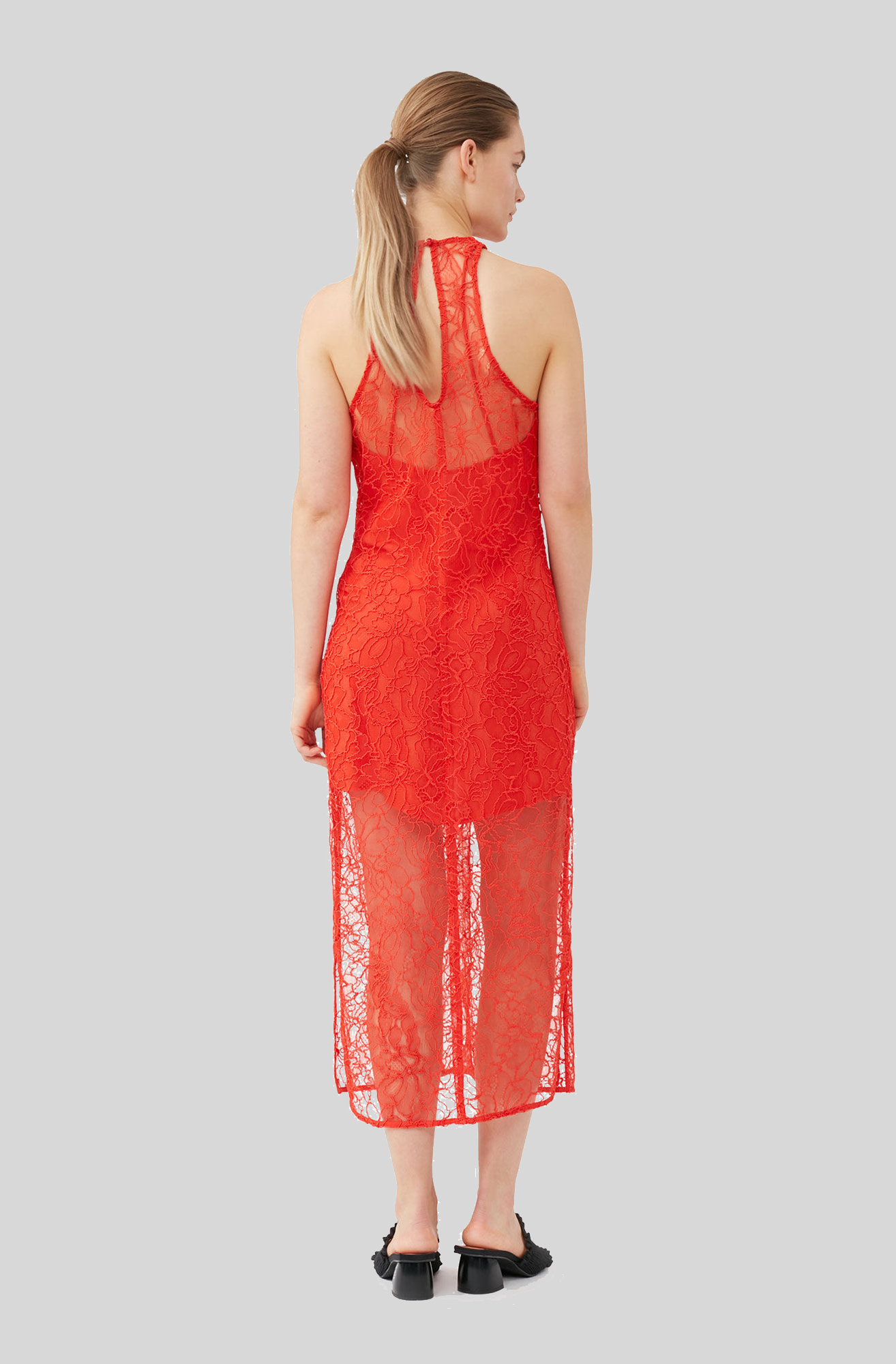 RED LACE HALTER NECK DRESS